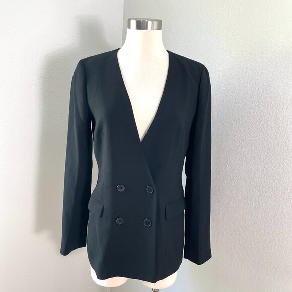 J Crew 365 Womens 4 Black French Girl Double Breasted Blazer Collarless Jacket - Picture 1 of 14